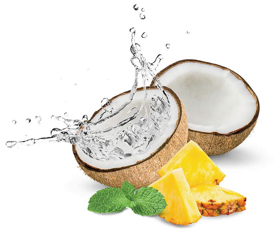 A halved coconut, pineapple slices and a sprig of mint