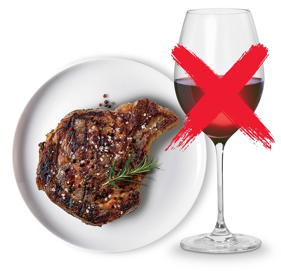A steak and a glass of red wine